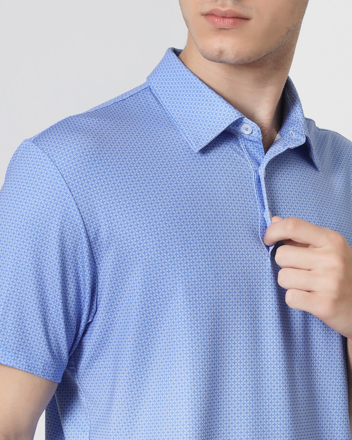 Quieti Performance Regular Fit, French Blue Geo Printed Knit, 3 button Short Sleeve Polo